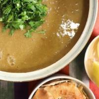 Creamy Lentil Soup · Homemade Traditional lentil soup made with black lentils. Spiced with cumin.. Served with a ...
