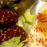 Gluten Free · Comes with side of hummus, side of Baba Ghannouj, 3 Falafel balls, Fattoush salad, 3 grape l...