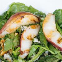 Grilled Pear Salad · With gorgonzola cheese, walnuts, baby spinach, red wine vinaigrette.