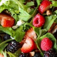 Nuts & Berry Salad · Walnuts, blue cheese, dried berries, red onion, and tomato with spring mix and raspberry vin...