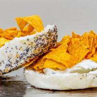 Doritos Overflow · Hot Doritos bagel with ranch cream cheese and Doritos in the middle