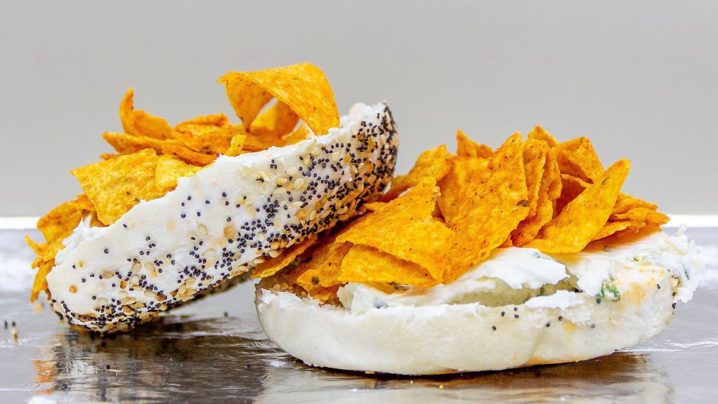 Doritos Overflow · Hot Doritos bagel with ranch cream cheese and Doritos in the middle