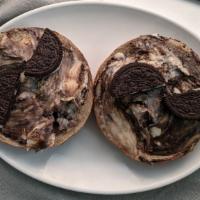 Oreo Overflow · Oreo bagel with Oreo cream cheese and oreo cookies in the middle