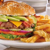 The Chipotle Burger  W/Fries · Crisp bacon, Pepper Jack cheese, Avocado slices, Chipotle sauce, lettuce and tomato.