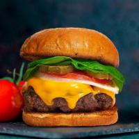 Cheese Burger · Beef patty, lettuce, tomato, onion, pickles, mayo, and melted american cheese on a warm clas...