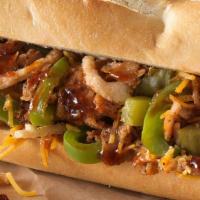 Bbq Chicken Cheesesteak · Chicken steak sauteed with onion, peppers, BBQ sauce and topped with melted provolone cheese.
