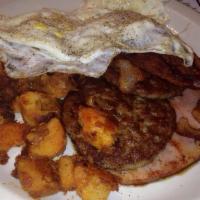 The Postal · 2 eggs any style w/ ham, bacon, and sausage. served with home fries,  toast and pancake or F...