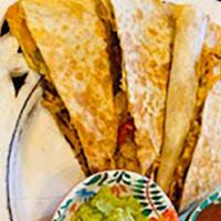 Super Quesadilla · 12-inch flour tortilla with Mexican cheese + Protein choice + any hot toppings.  Served with...