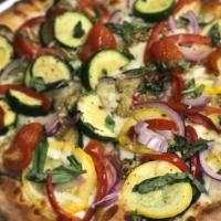 Veggie Pizza · Eggplant, zucchini, red pepper, red onion, mozzarella, basil and balsamic glaze