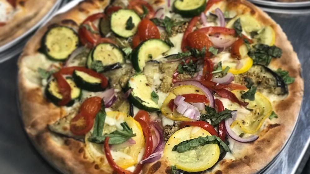 Veggie Pizza · Eggplant, zucchini, red pepper, red onion, mozzarella, basil and balsamic glaze