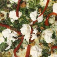 Bianca Pizza · Herb garlic sauce, spinach, mozzarella, ricotta cheese, roasted garlic and roasted red pepper