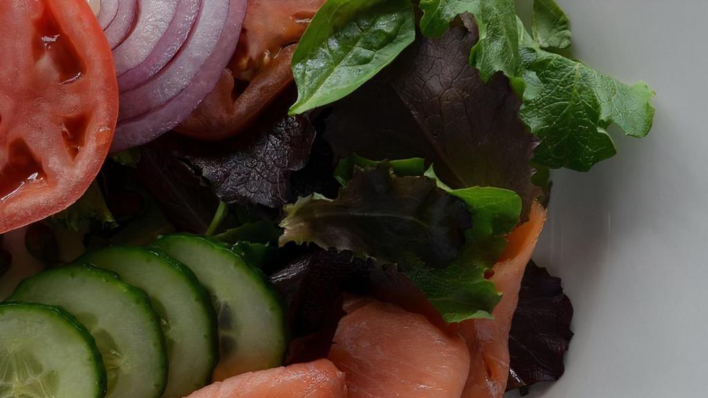 Smoked Salmon Platter · Smoked salmon, cream cheese, capers, lettuce, cucumber, onion, tomato, toasted bagel.