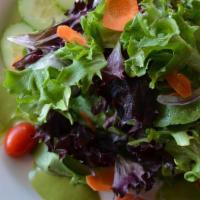 House Pike Salad · Spring mix, tomato, cucumber, onions, carrots, honey basil vinaigrette or goddess dressing.