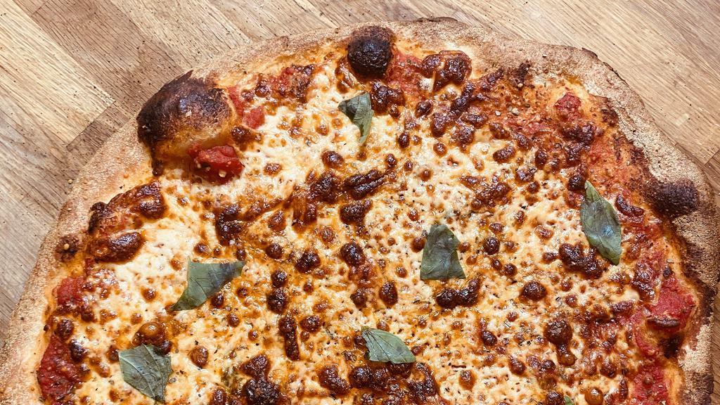 Cheesus Our Savior · Classic cheese pizza - freshly grated mozzarella, fontina, pecorino, oregano, crushed tomatoes. Large pizza.
