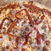 The Ozzy · House ground sausage, hot cherry peppers, red onions, freshly grated mozzarella, crushed tom...