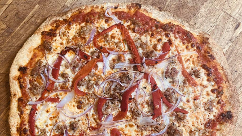 The Ozzy · House ground sausage, hot cherry peppers, red onions, freshly grated mozzarella, crushed tomatoes. Large pizza.