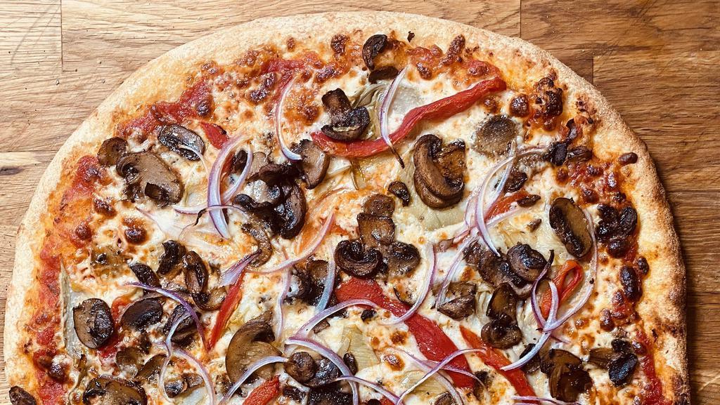 Gabriel · All the veggies - long stem artichokes, roasted red peppers, mushrooms, red onions, freshly grated mozzarella, crushed tomatoes. Large pizza.