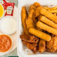 Mixed Basket · 4 wings, 4 buffalo wings, 4 chicken fingers, 4 mozzarella sticks and a portion of French fri...