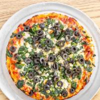 Greek Pizza · Spinach, feta cheese, and black olive.