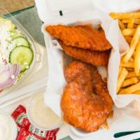 Chicken Fingers Platter · Fried chicken tenderloin. Served with a side salad and french fries.