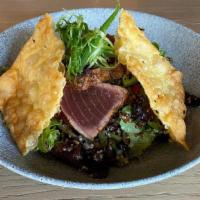 Seared Ahi Tuna · Mixed greens, quinoa salad, scallions, wonton crisp, ginger vinaigrette, togarashi