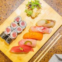 Sushi Lunch (1 Roll & 5 Pieces Sushi) · Any 1 Rolls and 5 pcs Chef's Choice Sushi 
Served with Miso Soup