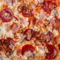 Meat Lovers Pizza · Pepperoni, sausage, bacon, meatball and blend of mozzarella. Large 16