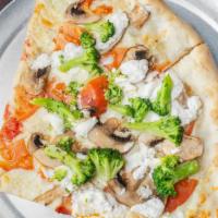 Garden Veggie Pizza · White or red sauce, broccoli, spinach and tomato. Large 16