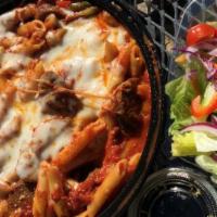 Sausage & Pepper Rustica With Garden Salad · Penne, Marinara, Sausage, Bell Peppers, Melted Mozzarella, Garlic Bread and Side Salad.
