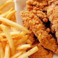 Fried Chicken & Fries · Fried chicken tender fritter & seasoned fries.