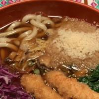 Tempura Udon · Two big prawn tempura with katsuo broth thick noodle soup.