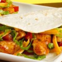 Soft Chicken Tacos · Three soft flour tacos, tender seasoned chicken breast, cheese, lettuce, tomato, and Mexican...