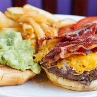 Bacon Guacamole Cheeseburger · Served with your choice of coleslaw, french fries, or sweet potato fries.