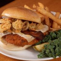 Thunderbird Sandwich · Panko fried chicken breast topped with pepper jack cheese, jalapeno bacon, fried jalapeños a...