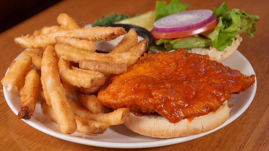 Buffalo Chicken Sandwich · Lightly breaded fried chicken breast tossed in our spicy buffalo sauce served with bleu cheese dressing.