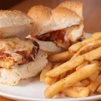 Chicken Parmesan Sandwich · Fried Italian breaded chicken breast topped with marinara sauce and mozzarella cheese on a f...