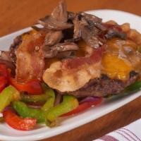 Bunless Burger · Topped with sautéed mushrooms, onions, peppers, bacon and cheddar cheese served with a demi ...