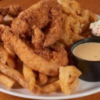 Chicken Finger Plate · Freshly cut chicken, hand-breaded, fried and served with french fries, onion rings and coles...