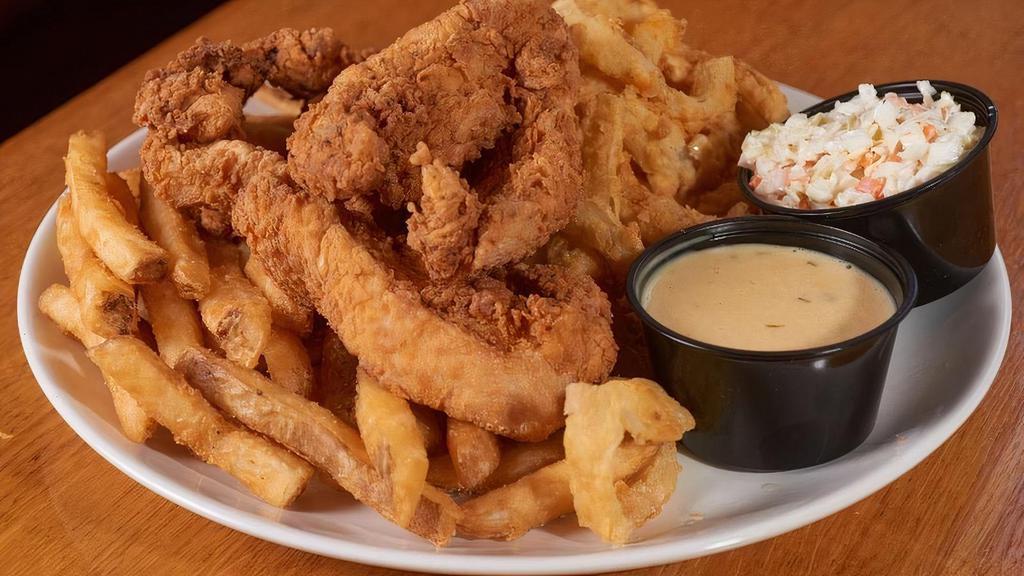 Chicken Finger Plate · Freshly cut chicken, hand-breaded, fried and served with french fries, onion rings and coleslaw.