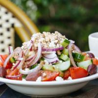 Greek Villager’S Salad (Horiatiki) · The olives and feta cheese add a pungent touch, but the salad is still refreshing. (tomatoes...