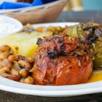 Stuffed Tomatoes & Peppers (Yemista) · Stuffed with rice, raisins and herbs. Served with vegetables, roasted potatoes and a side of...