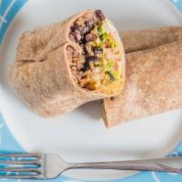 Veggie Burrito · Rice, black beans, lettuce, tomato, salsa, sour cream, cheese and guacamole on a wheat torti...