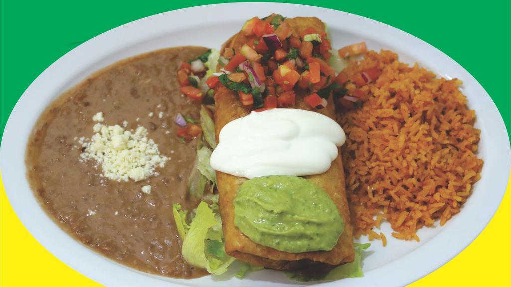 Chimichanga · Deep fried burrito. Choice of meat, rice, beans, cheese, guacamole, sour cream, lettuce and tomato.