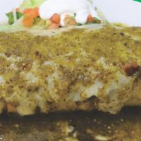 Wet Green Burrito · Choice of meat, rice, beans, sour cream, guacamole, melted cheese.