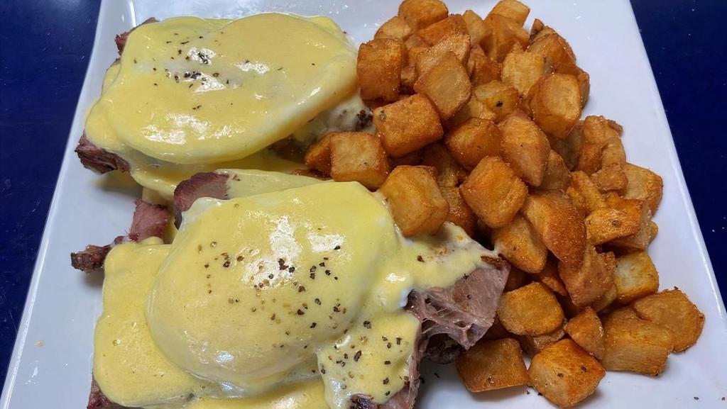 Smoked Beef Brisket Benedict · Toasted English muffins, topped with apple-wood-smoked beef brisket, . poached eggs, and delicious hollandaise sauce.