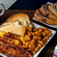 Online  Diner Special · Three eggs, choice of meat, two pancakes or French toast, home fries, and toast.