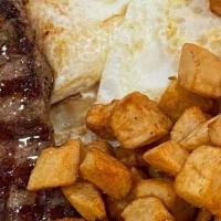 Online Steak & Eggs-8Oz. Ny Sirloin · Eight Oz. New York Sirloin with two eggs, home fries, and toast