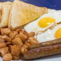 Online Two Eggs, Home Fries, Toast & Meat · Two eggs any style, choice of meat, choice of toast, and home fries.