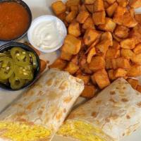 Online Breakfast Burrito · Scrambled eggs with cheddar cheese served in a wrap with homemade salsa, jalapenos, and sour...