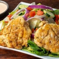 Online Crab Cakes And Salad · Homemade lump crab cakes served with side of remoulade sauce and a side salad with balsamic ...